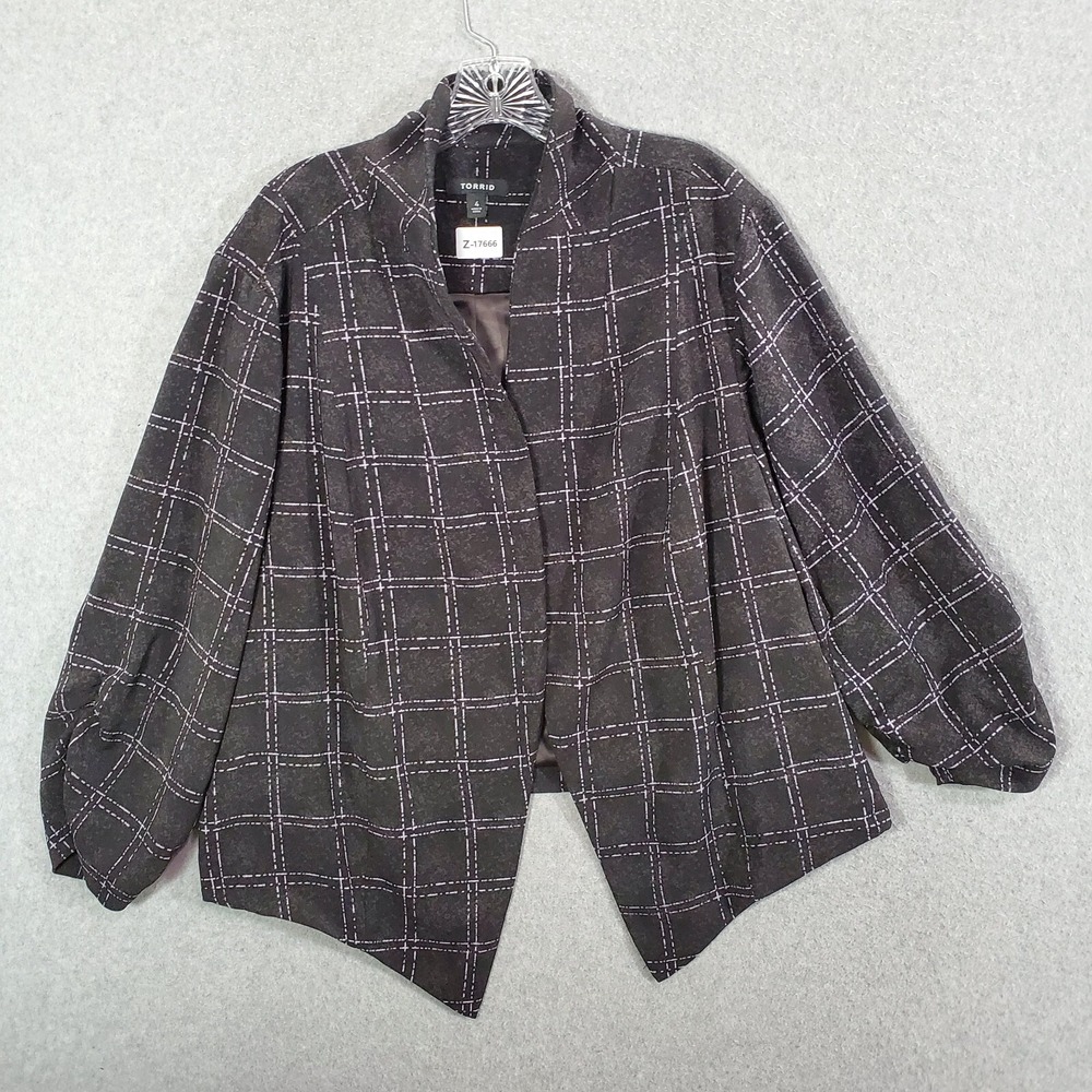 Torrid Women Jacket 4 Gray Checkered Plaid Open Front Blazer 3/4 Sleeve